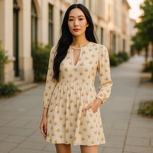 Free People Womens Cream Yellow Long Sleeve Floral Shift Tegan Mini Dress Size 0